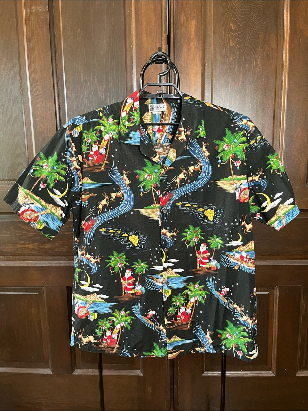 Aloha Republic Vintage Hawaiian Shirt Black Christmas Santa Print USA Men's XL
